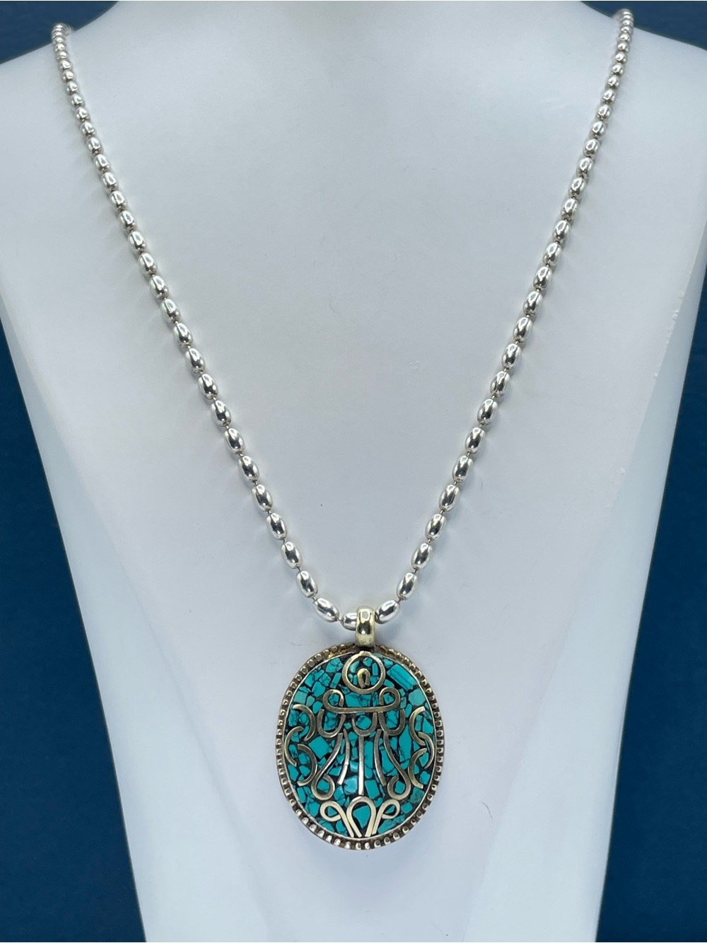 Beautiful Sterling Silver Turquoise Inlay Pendant Necklace 925 Italy 24” Chain